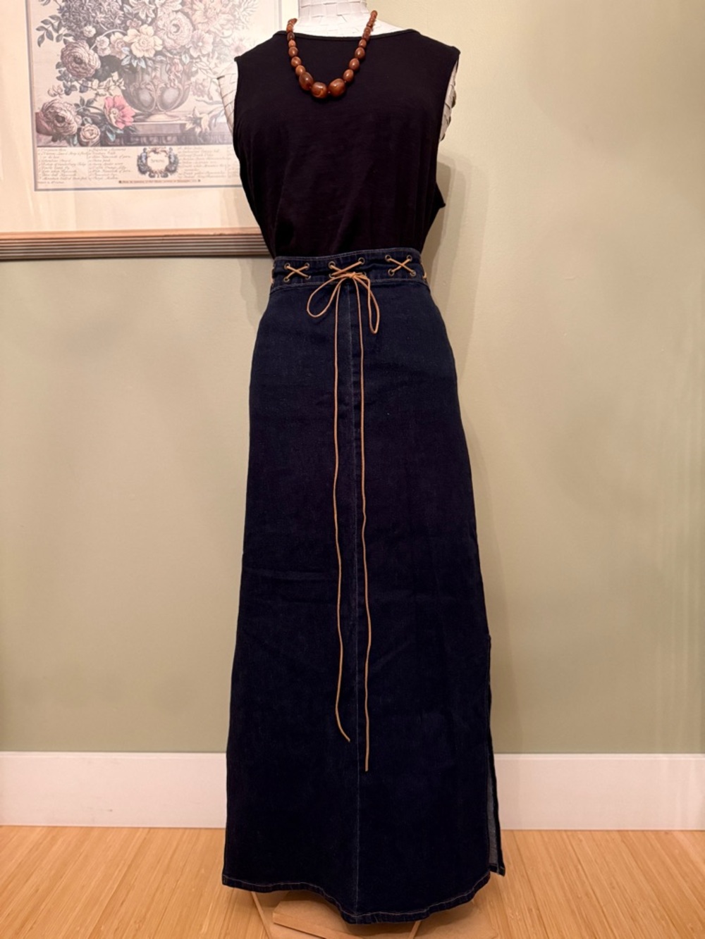 Vintage Ello U.S.A. Lace-Up Waist Denim Maxi Skirt with Side Slit